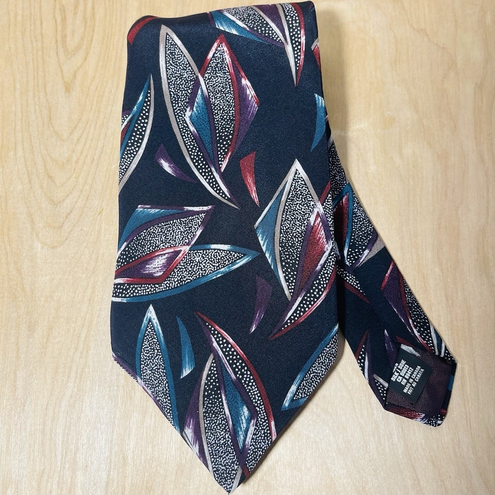 Guy Laroche Monsieur Vintage Retro Silk Necktie Plum Teal‎ Leaf Pattern